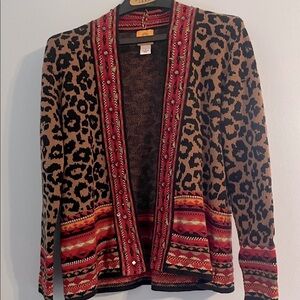 Ruby Rd. Leopard Print Cardigan with Red and Gold Accents